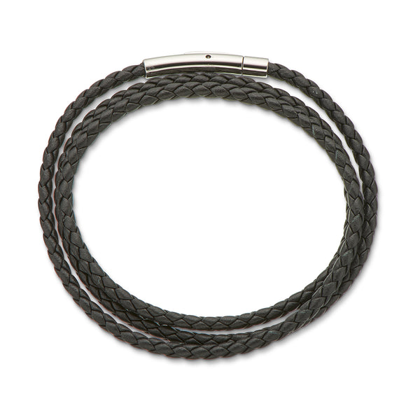 Fine Leather Plaited Wrap Bracelet 55cm / Black