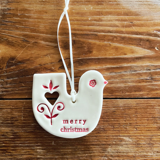 Ceramic Bird Ornament / Merry Christmas Heart