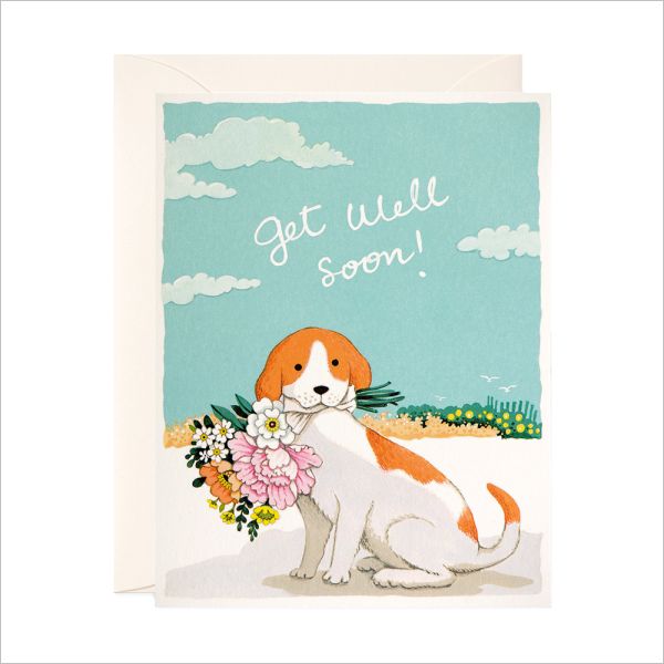 Get Well Soon Card / Dog & Flowers